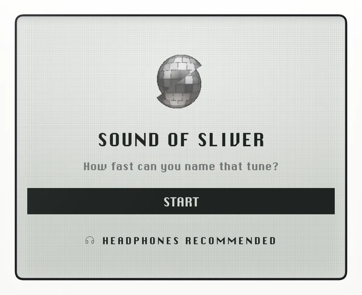Sound of Sliver start screen with its disco ball logo and the line How fast can you name that tune