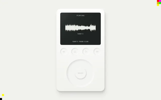 Sound of Sliver in play on its music-player screen: Playing, the waveform of a 500 ms sliver of today's first song, That's your clue, above the click wheel