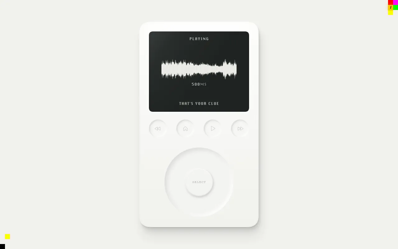 Sound of Sliver in play on its music-player screen: Playing, the waveform of a 500 ms sliver of today's first song, That's your clue, above the click wheel