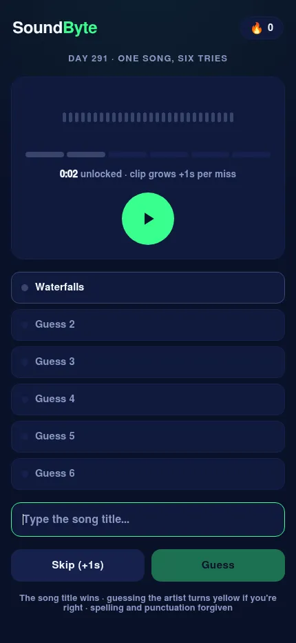 SoundByte on a phone, day 291: the clip player with two seconds unlocked after one wrong guess, the six guess rows and the song title box
