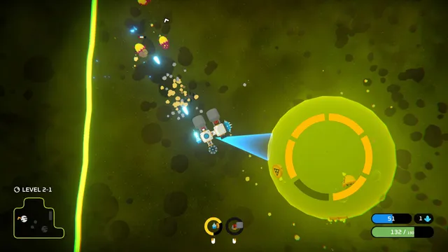 Space Scavenger in play: a scavenged spaceship fires at alien enemies on level 2-1 beside a large green planet
