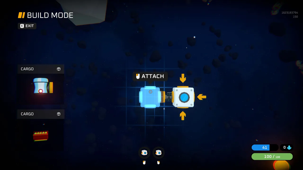 Space Scavenger's build mode: attaching a new module to the ship's hull on a grid, with cargo parts listed at the side