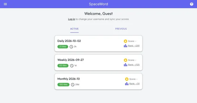 SpaceWord puzzle list with the Daily (21 tiles), Weekly (63 tiles) and Monthly (100 tiles) puzzles, time left and player ranks