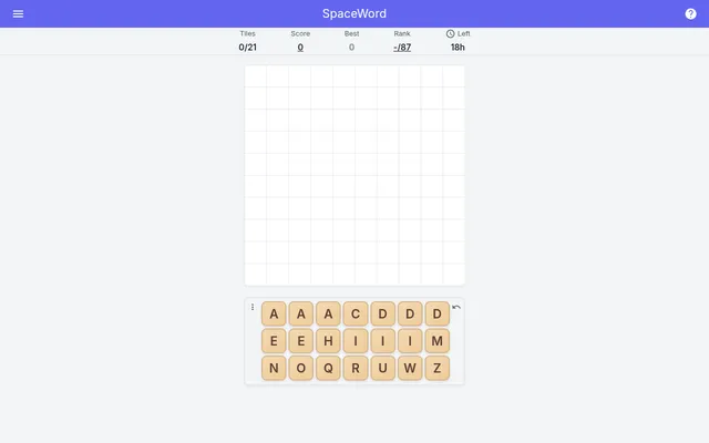 SpaceWord's Daily for 21 October 2026 on a desktop: an empty grid above the rack of 21 letter tiles, with tiles, score, best, rank and 18 hours left at the top