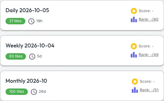 SpaceWord's current puzzles: the Daily for 2026-10-05 with 21 tiles, the Weekly with 63 tiles and the Monthly with 100 tiles, each with time left and rank