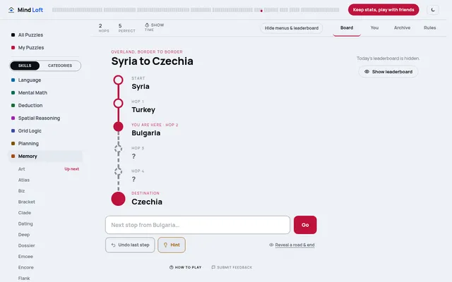 Span board for October 22, 2026: the route Syria to Czechia with Turkey and Bulgaria entered as hops 1 and 2, two empty hops left, 2 hops against a perfect of 5