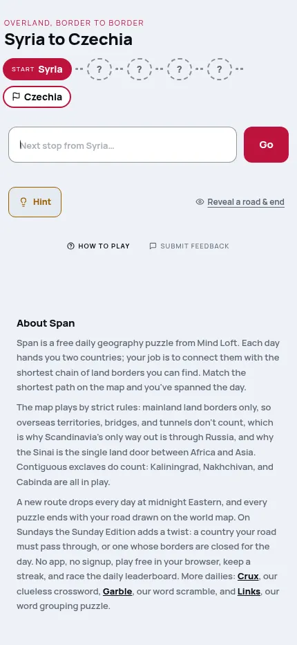 Span at phone size on October 22, 2026: Syria to Czechia as a row of empty hop circles above the Next stop box, Go and Hint buttons