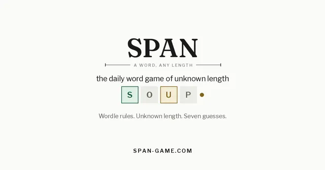 SPAN title card showing the guess SOUP with green, grey and gold tiles and a gold dot