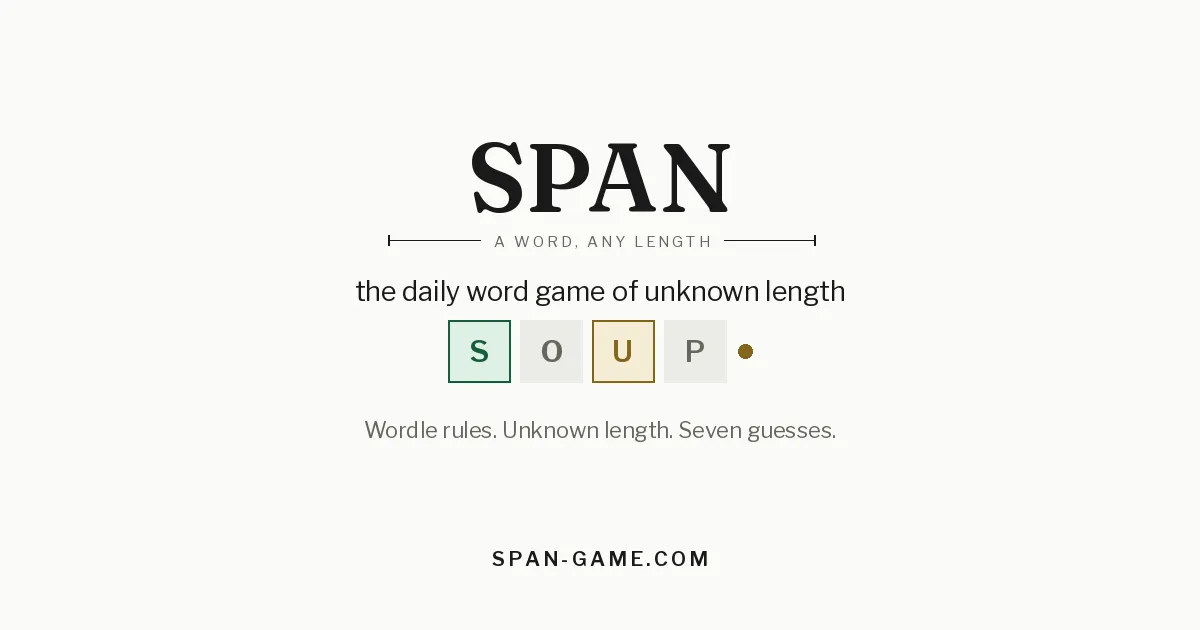SPAN title card showing the guess SOUP with green, grey and gold tiles and a gold dot