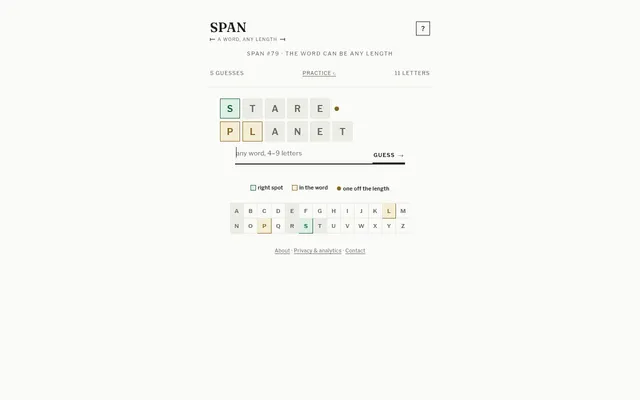 SPAN #79 on a desktop browser: the guesses STARE and PLANET with green and gold tiles, a gold dot after STARE, and the letter keyboard below