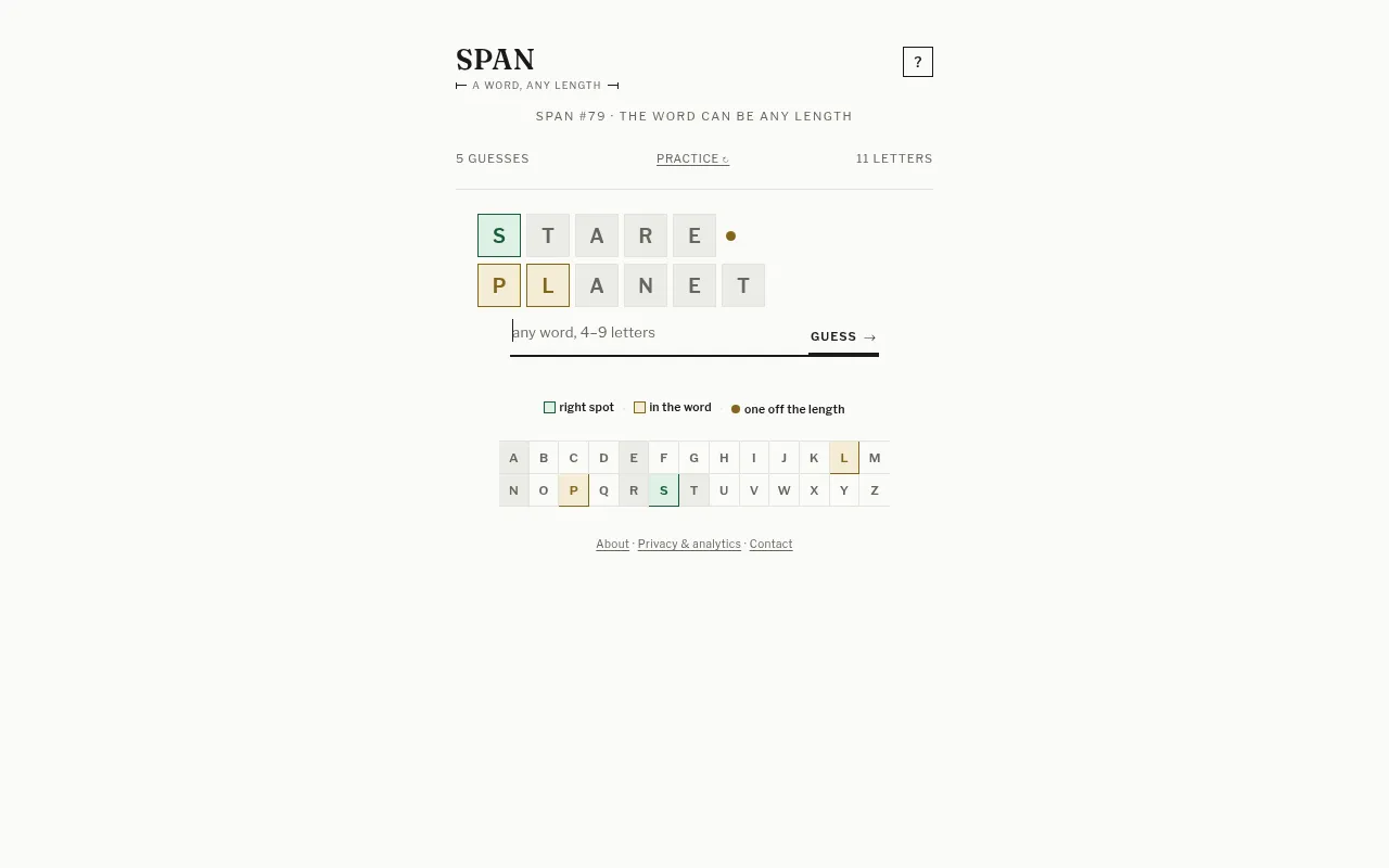 SPAN #79 on a desktop browser: the guesses STARE and PLANET with green and gold tiles, a gold dot after STARE, and the letter keyboard below