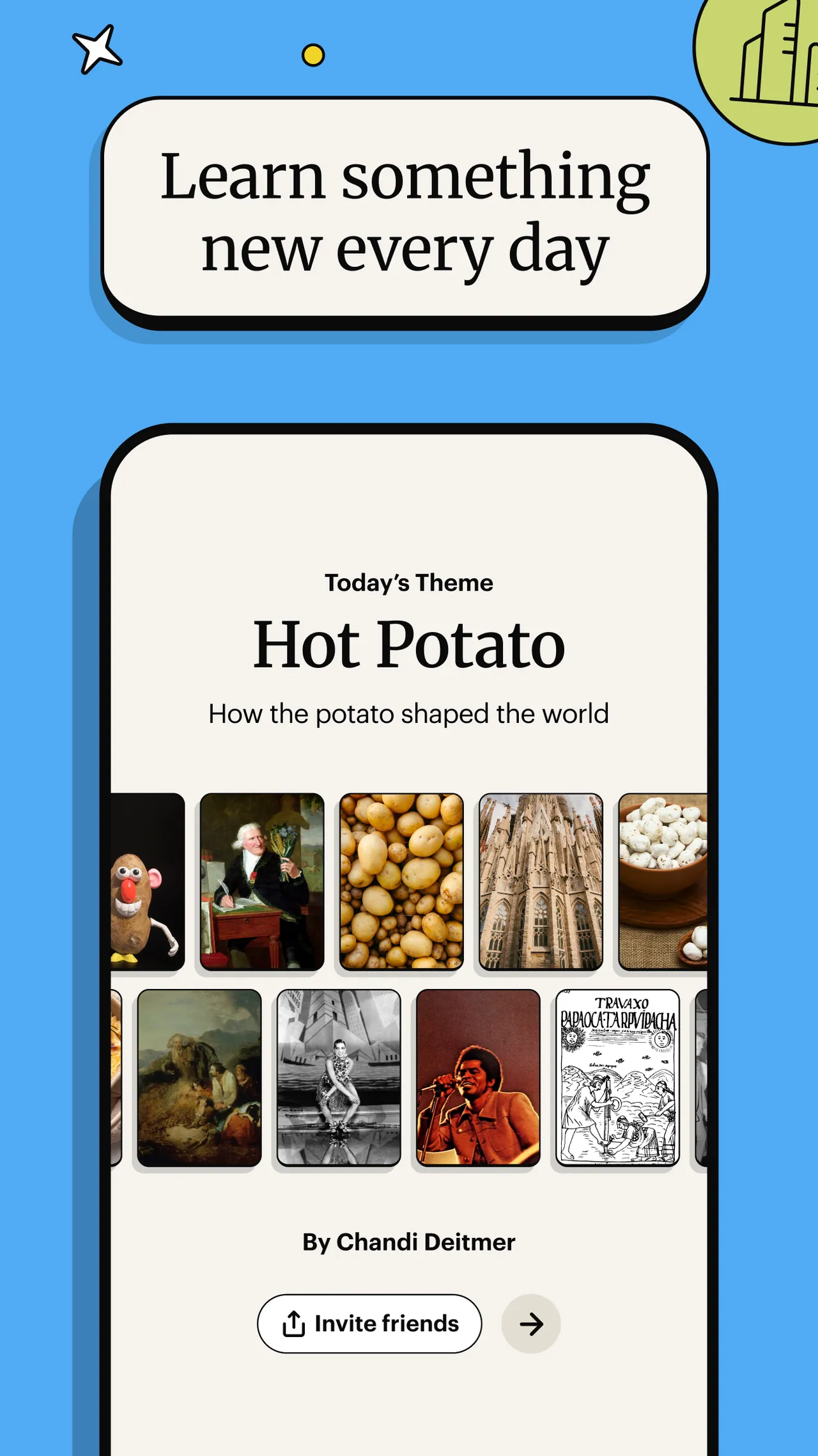 Spark store screenshot: Today's Theme, Hot Potato, How the potato shaped the world, with a gallery of related pictures and an Invite friends button