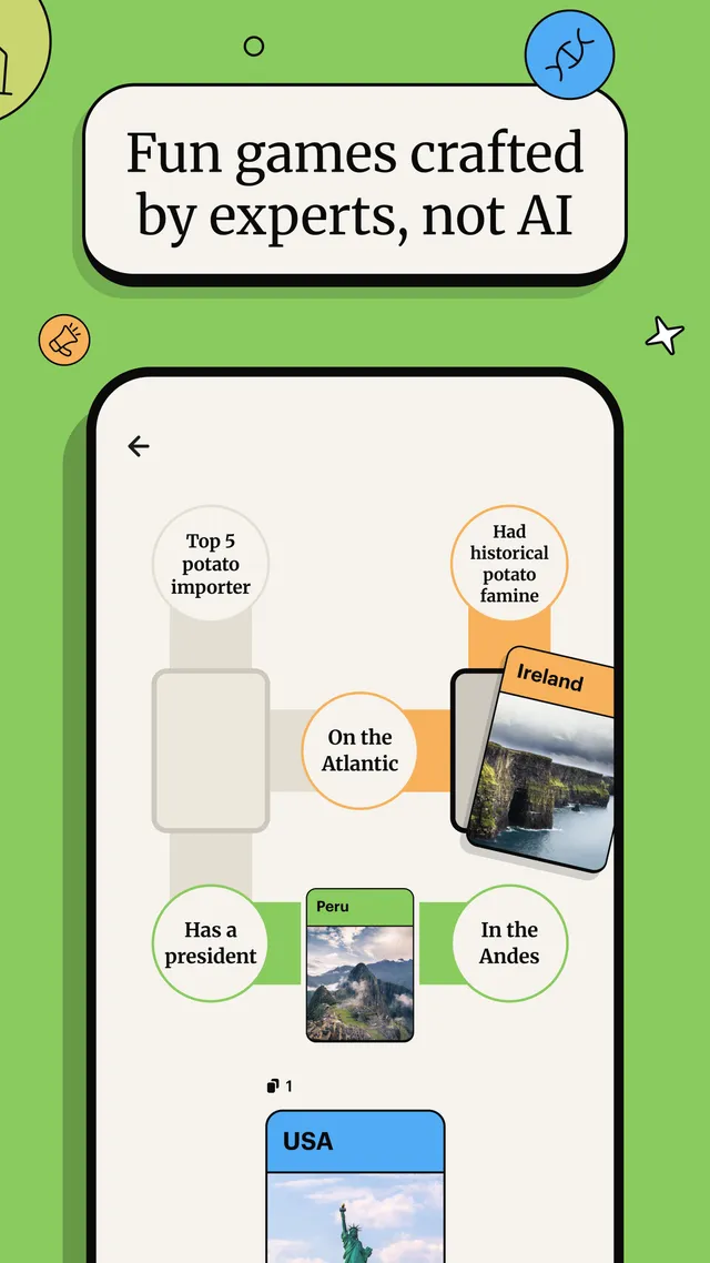 Spark's Links game in play: country cards Ireland, Peru and USA placed between clues such as On the Atlantic, In the Andes and Had historical potato famine
