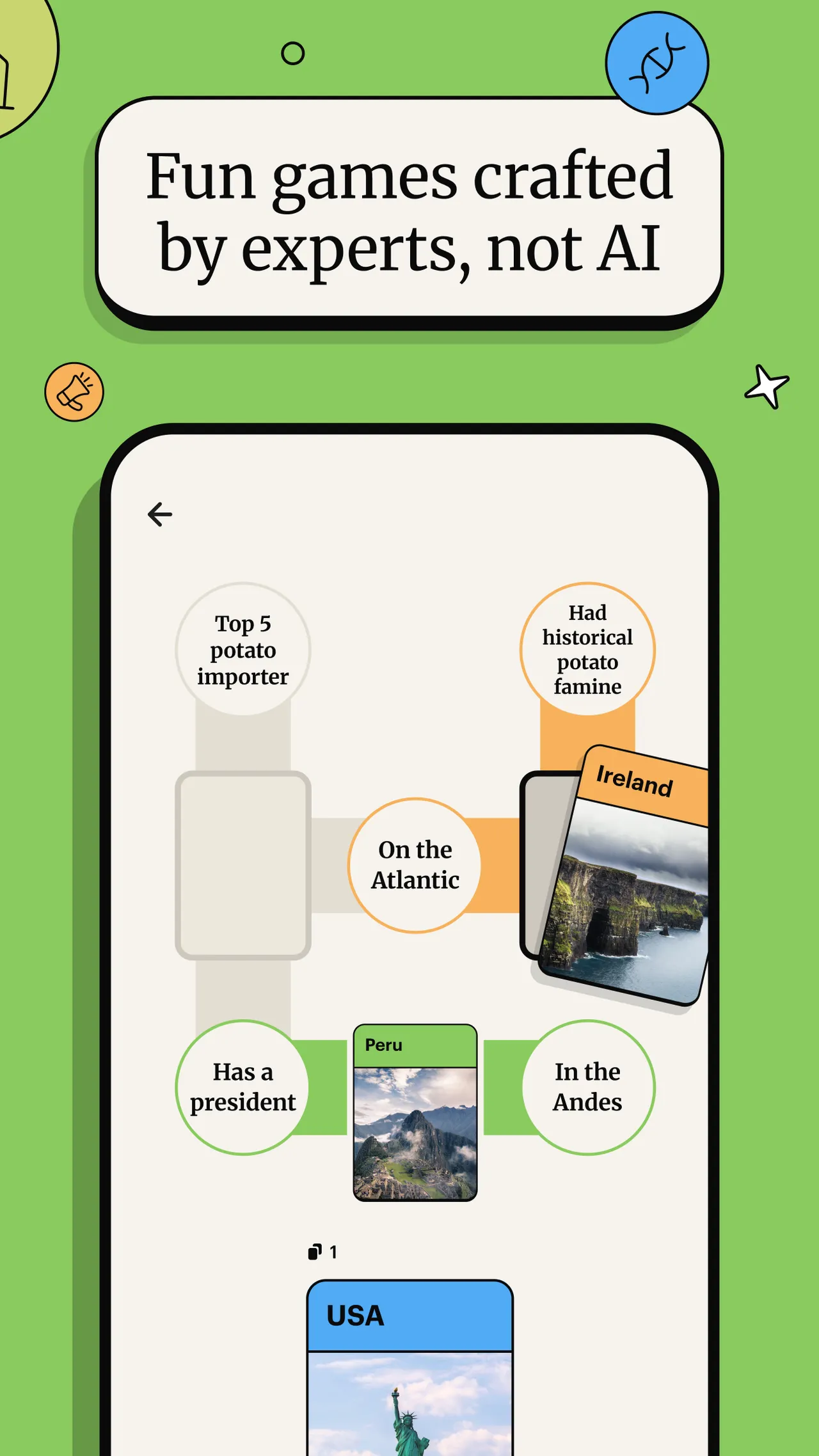 Spark's Links game: country cards Ireland, Peru and USA placed between clues such as On the Atlantic, In the Andes and Had historical potato famine