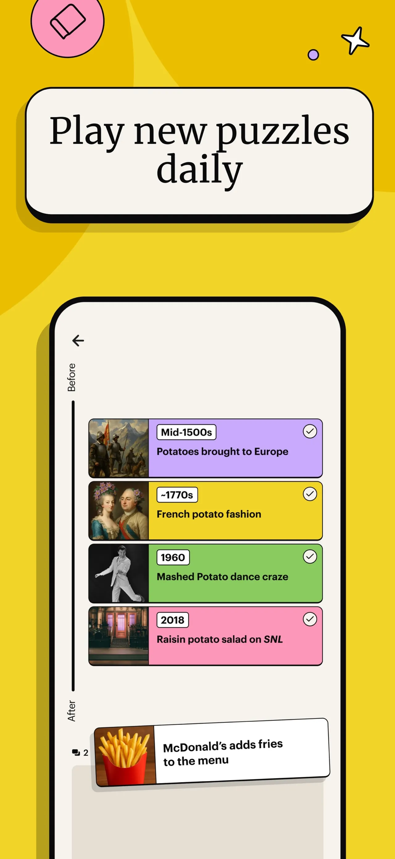 Spark's Chrono game: potato history events from the 1500s to 2018 on a timeline, with a card about McDonald's adding fries waiting to be placed