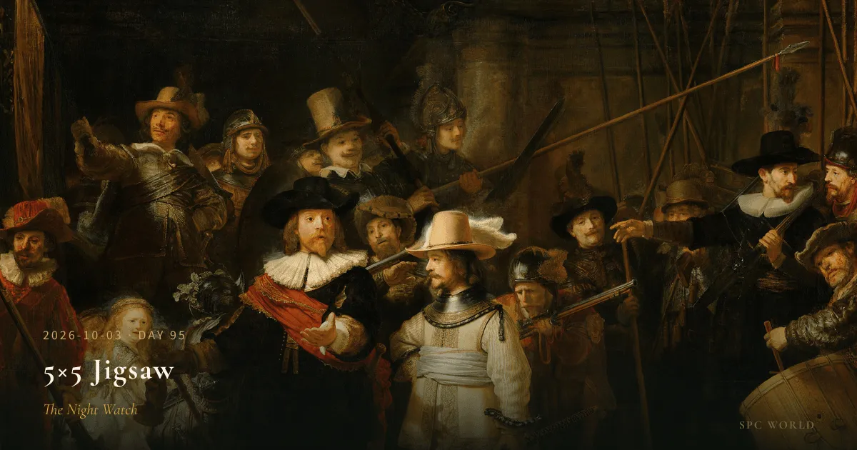 SPC World day 95 jigsaw picture: Rembrandt's The Night Watch, labelled 5x5 Jigsaw