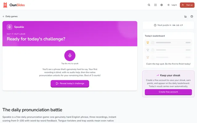 Speakle's daily screen: a microphone button under Ready for today's challenge, a Reveal today's challenge button, a countdown to the next puzzle and today's leaderboard
