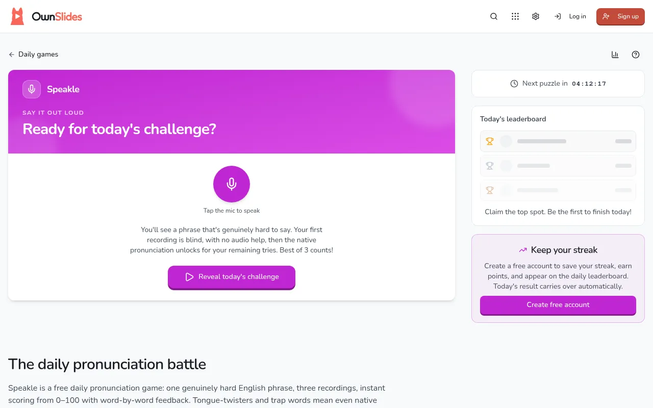 Speakle's daily screen: a microphone button under Ready for today's challenge, a Reveal today's challenge button, a countdown to the next puzzle and today's leaderboard