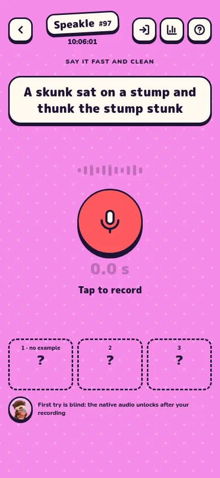 Speakle #97 on a phone: the day's tongue twister, the microphone button and three take slots in a row