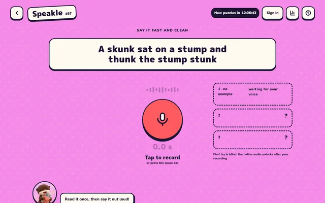 Speakle #97 on a desktop: the tongue twister A skunk sat on a stump and thunk the stump stunk above a red microphone button, a timer and three empty take slots