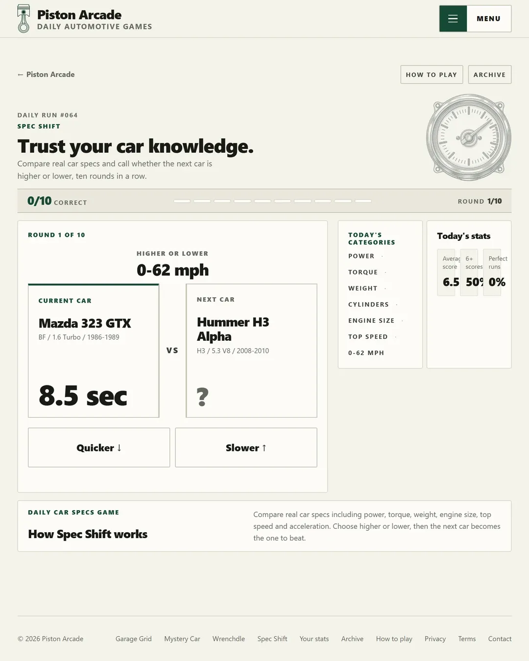 Spec Shift Daily Run #064, round 1 of 10: a Mazda 323 GTX at 8.5 sec 0-62 mph against a Hummer H3 Alpha, with Quicker and Slower buttons and the day's categories.