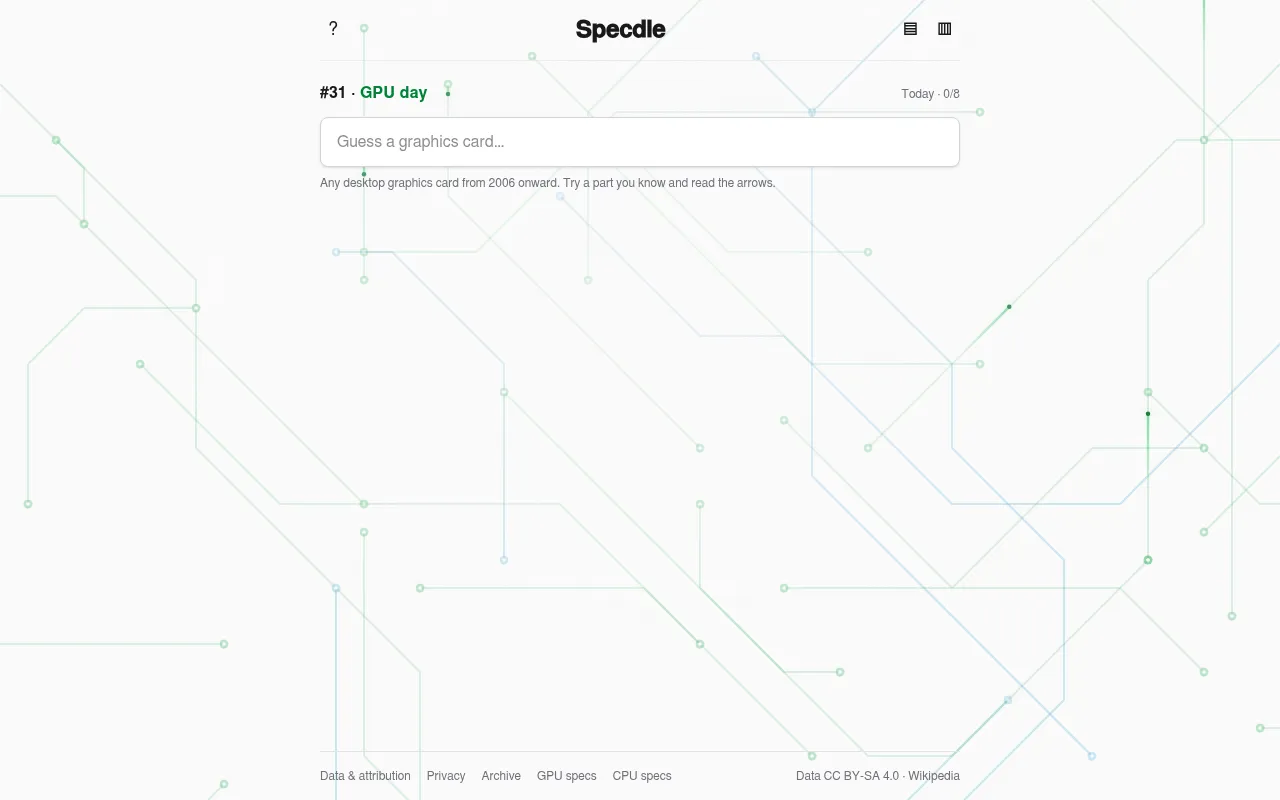 Specdle #31, a GPU day: a Guess a graphics card search box at 0 of 8 on a circuit-line background