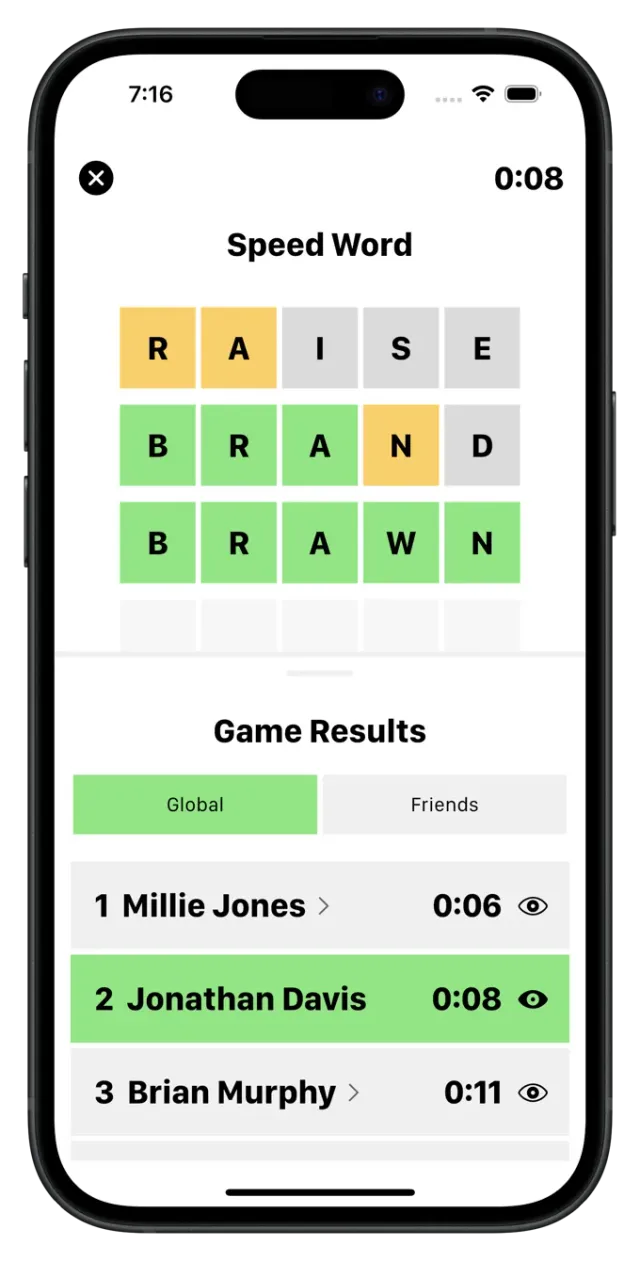 Speed Word on a phone: guesses RAISE, BRAND and BRAWN with yellow, grey and green tiles, solved in 0:08, above a global leaderboard of solve times