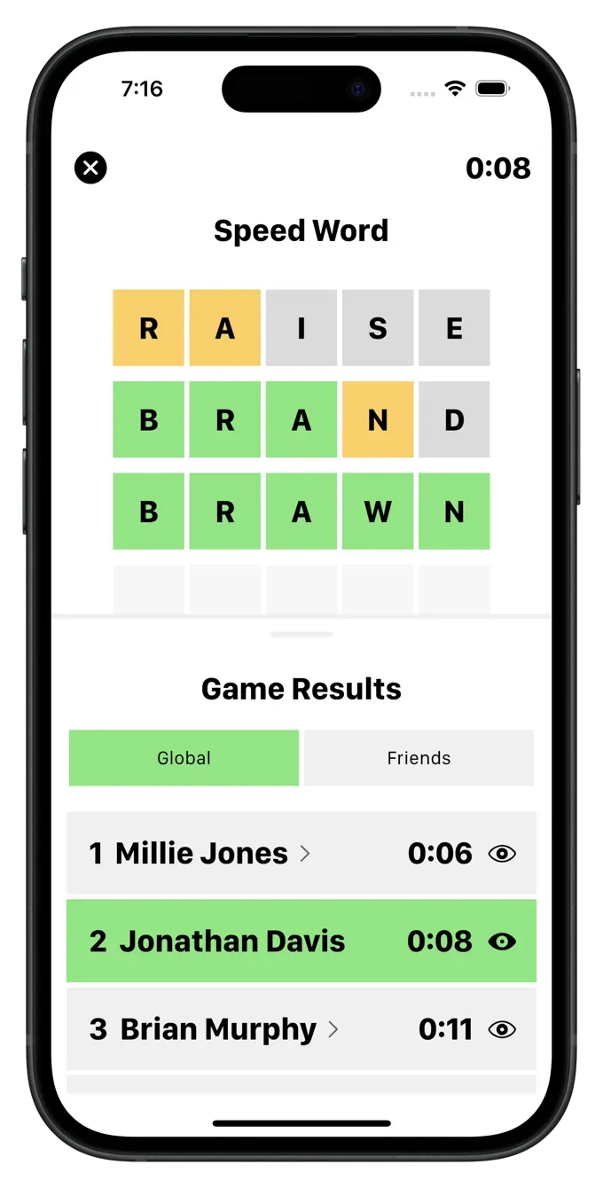Speed Word on a phone: guesses RAISE, BRAND and BRAWN with yellow, grey and green tiles, solved in 0:08, above a global leaderboard of solve times