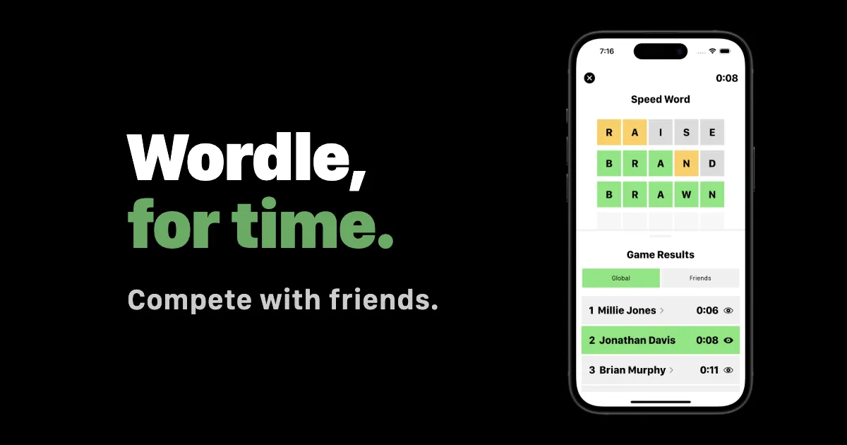 Speed Word share card: the words Wordle, for time. Compete with friends, beside a phone with a solved Speed Word board and its leaderboard
