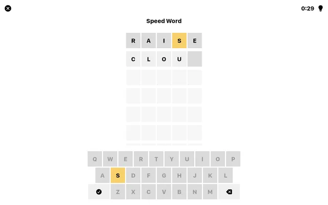Today's Speed Word board on a desktop, 19 Oct 2026: RAISE played with S in yellow, a second guess being typed, the clock at 0:29 and the on-screen keyboard below