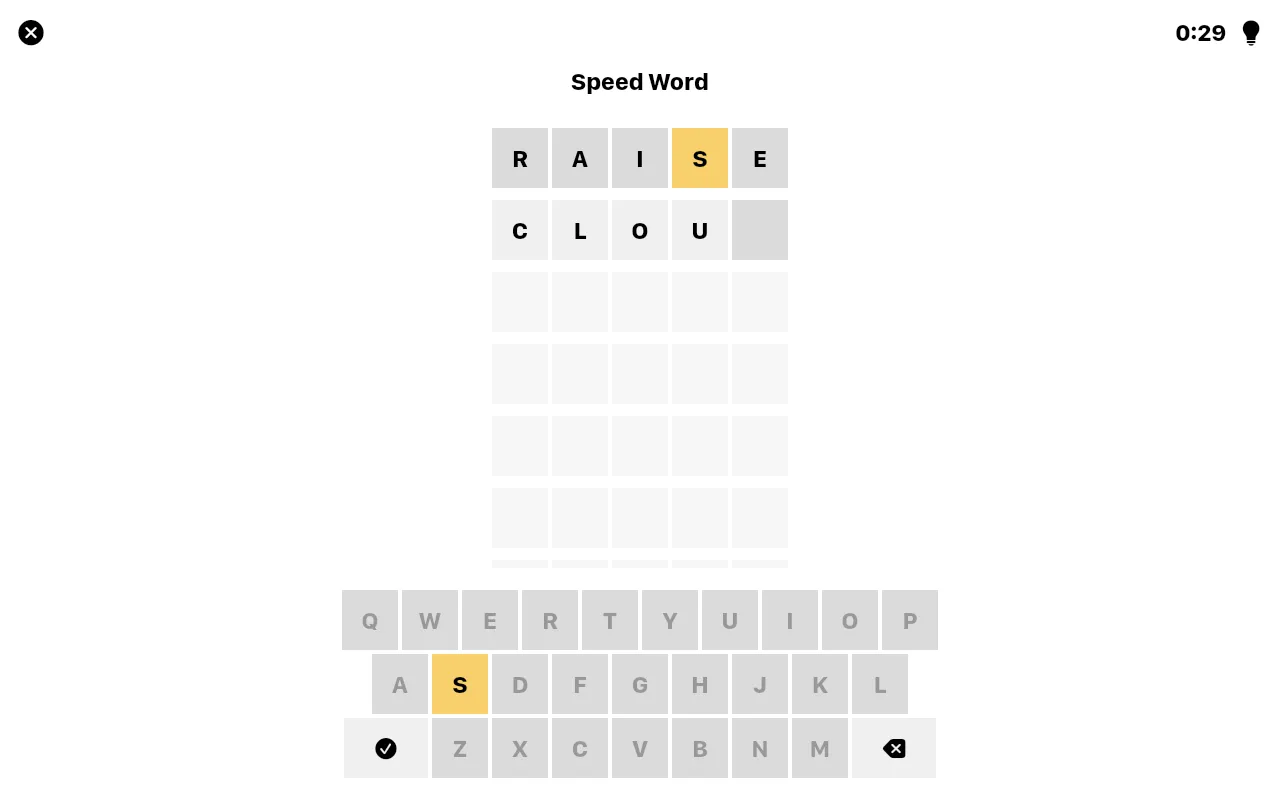 Today's Speed Word board on a desktop, 19 Oct 2026: RAISE played with S in yellow, a second guess being typed, the clock at 0:29 and the on-screen keyboard below