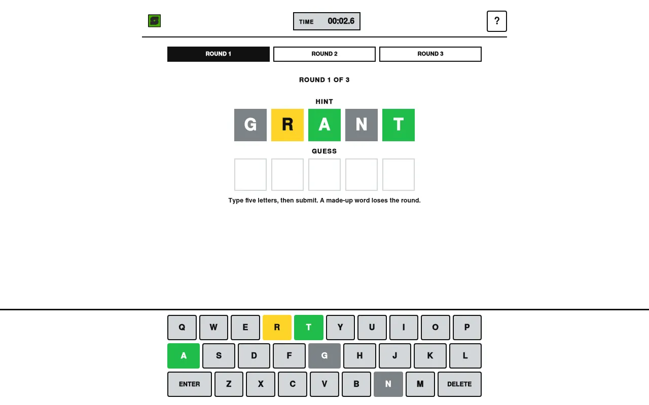 Speedle round 1 of 3: the hint GRANT with A and T green, R yellow and G and N grey, five empty guess boxes, the stopwatch and a coloured keyboard