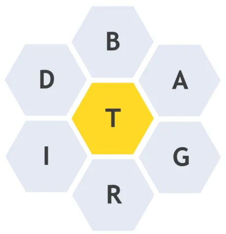 Spell Bee hive of seven letters with T in the yellow centre
