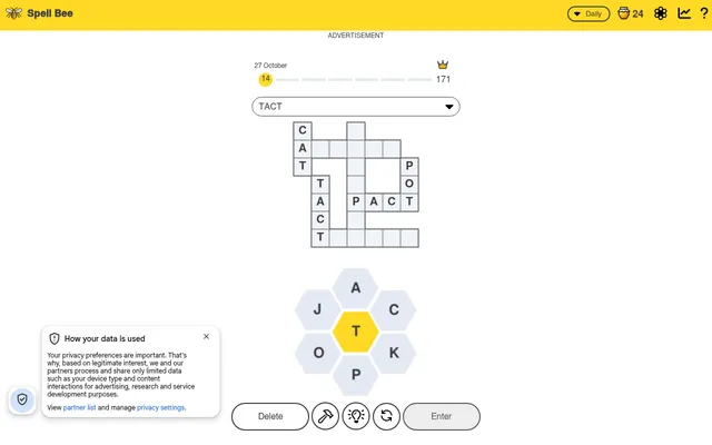 Spell Bee daily puzzle for 27 October with T in the centre of the hive, and CAT, TACT, PACT and POT filled into the crossword above it