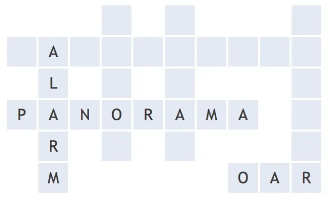 Spell Bee crossword grid partly filled with the words PANORAMA, ALARM and OAR