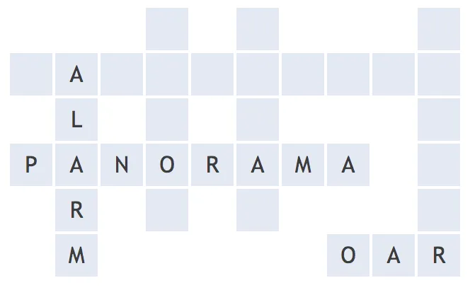 Spell Bee crossword grid partly filled with the words PANORAMA, ALARM and OAR