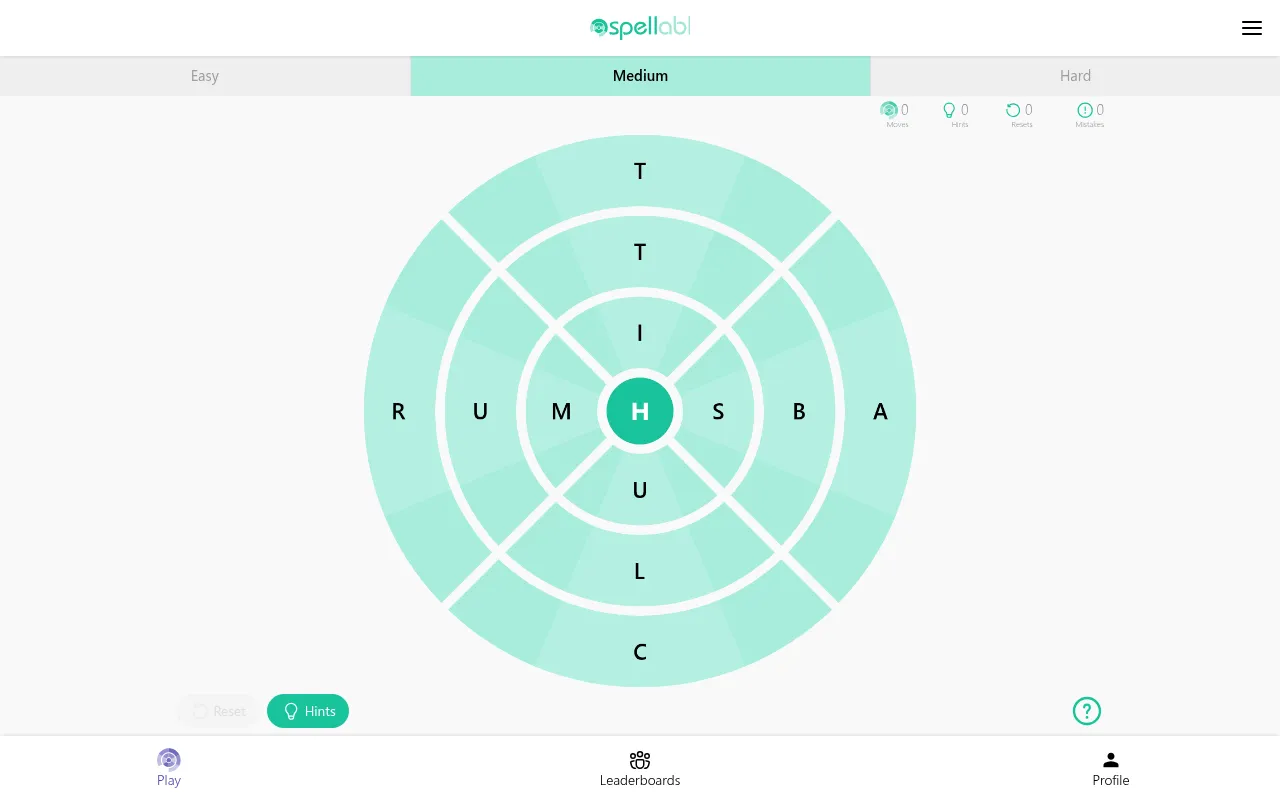 Spellabl Medium board: three rings of green segments holding letters such as T, I, M, U, S, B, A, L and C around a centre H