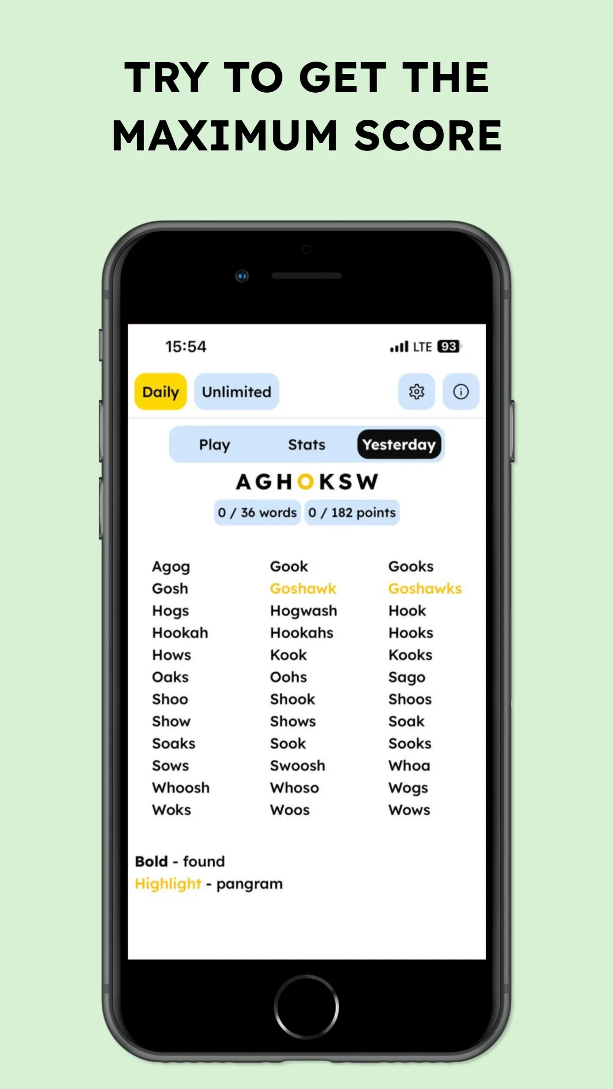 SpellBee's Yesterday tab listing every answer for the letters AGHOKSW, with the pangrams highlighted