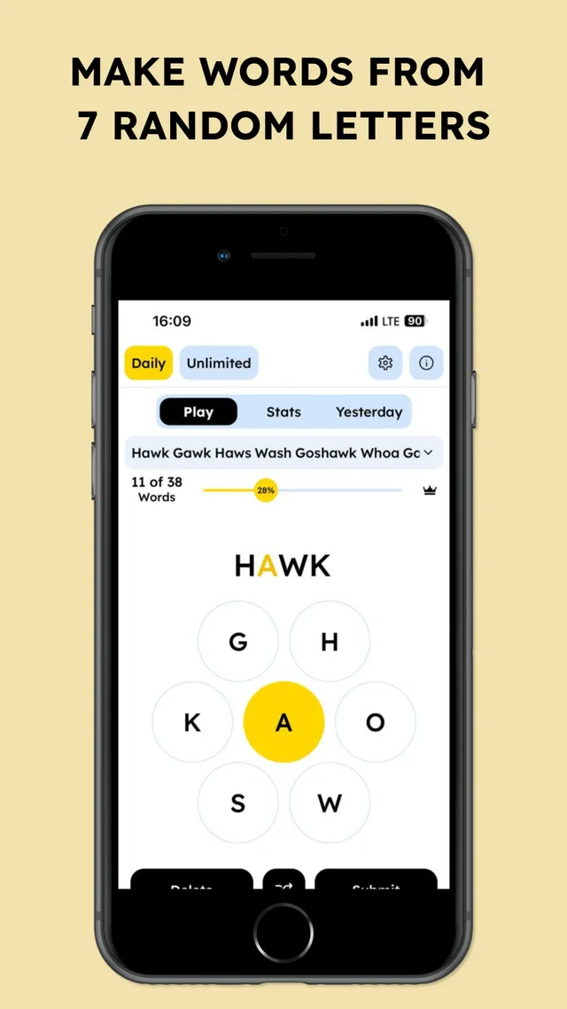 SpellBee's daily hive with the letters G, H, K, A, O, S, W around a yellow centre A and the word HAWK being entered, 11 of 38 words found