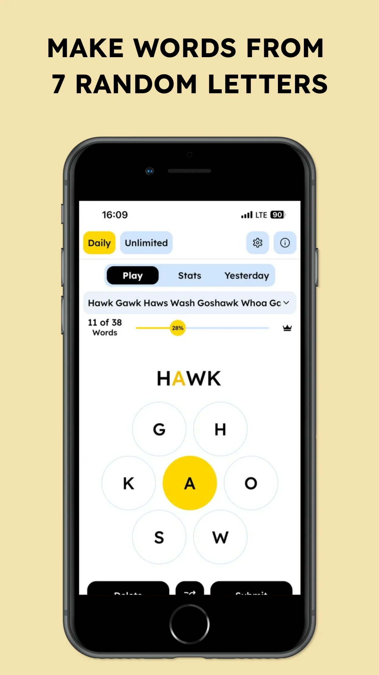 SpellBee's daily hive with the letters G, H, K, A, O, S, W around a yellow centre A and the word HAWK being entered, 11 of 38 words found