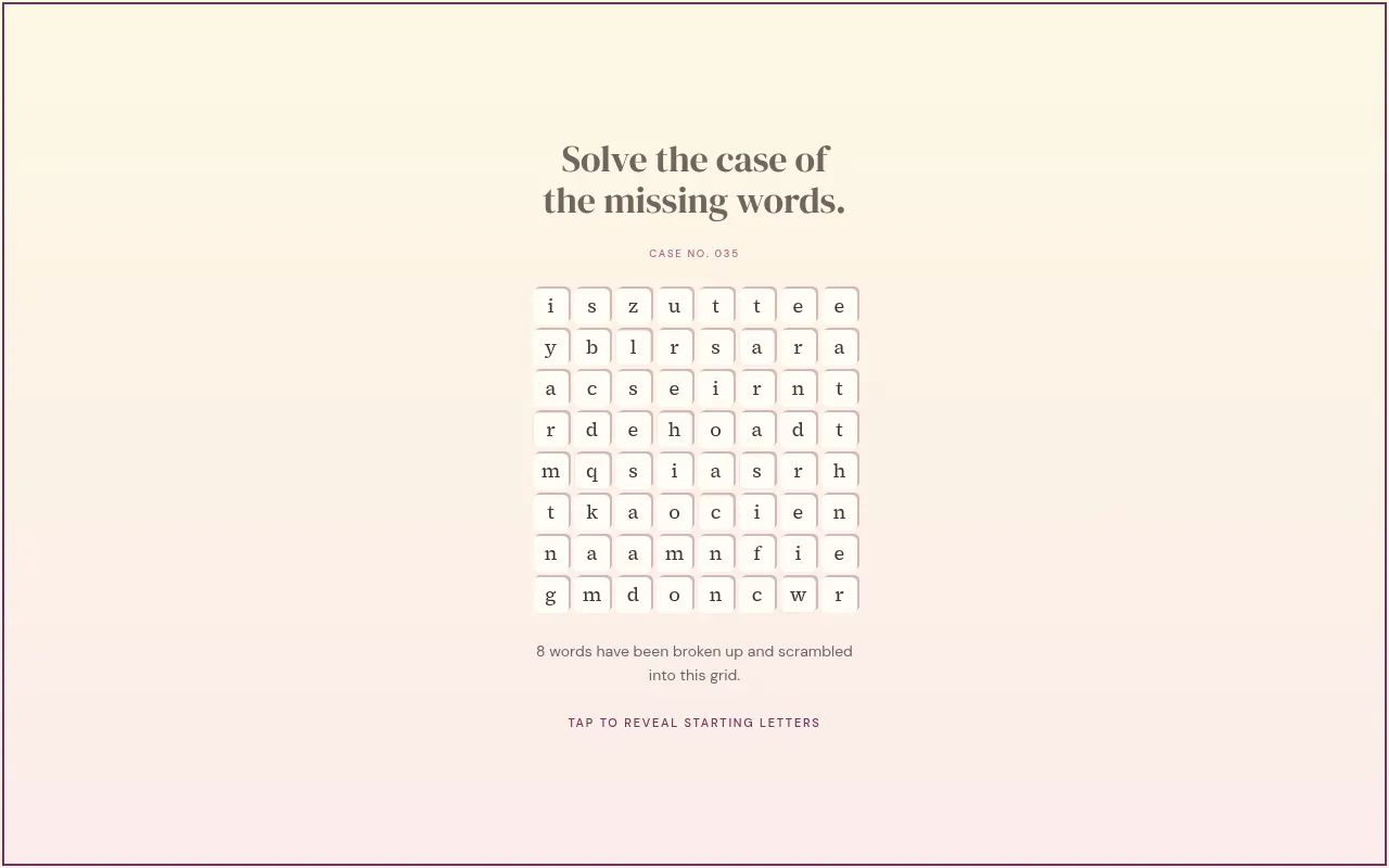 Spellcase Case No. 035: an 8x8 grid of scrambled lowercase letters under Solve the case of the missing words