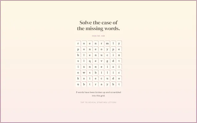 Spellcase Case No. 048: today's 8x8 grid of scrambled lowercase letters under Solve the case of the missing words