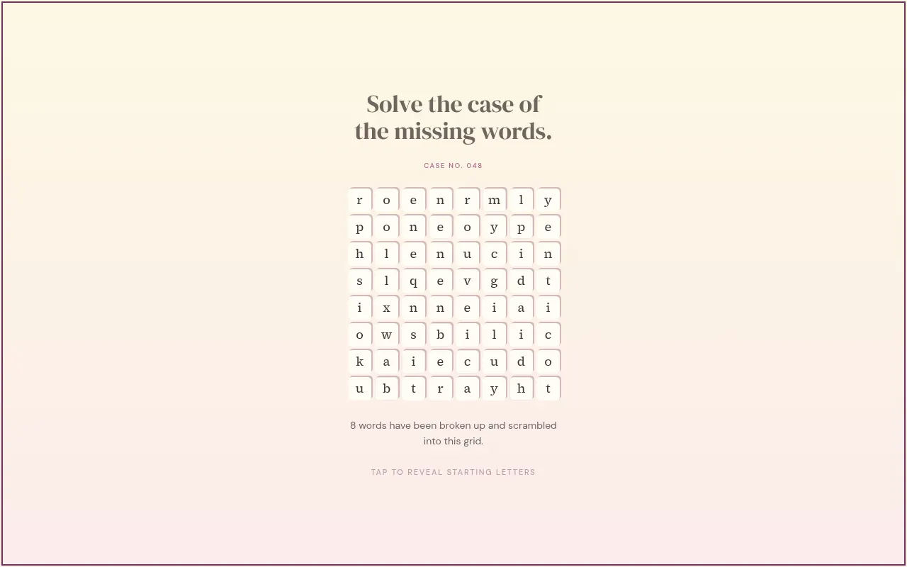 Spellcase Case No. 048: today's 8x8 grid of scrambled lowercase letters under Solve the case of the missing words