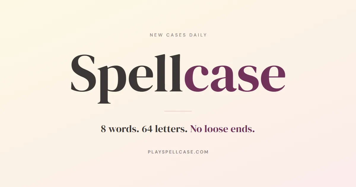 Spellcase share art: the Spellcase wordmark above the line 8 words, 64 letters, no loose ends