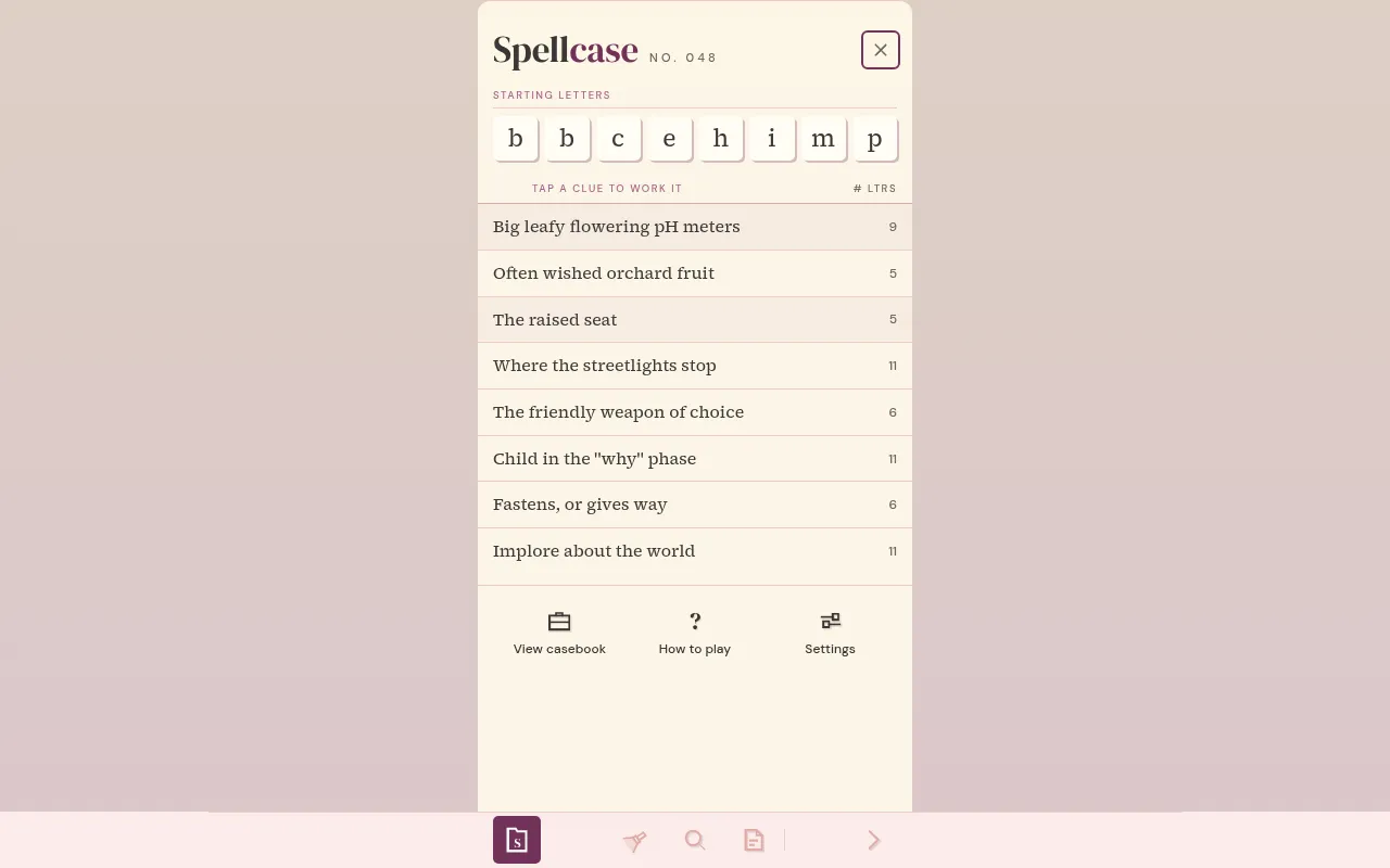 Spellcase No. 048 case file: the eight starting letters above eight clues with their answer lengths