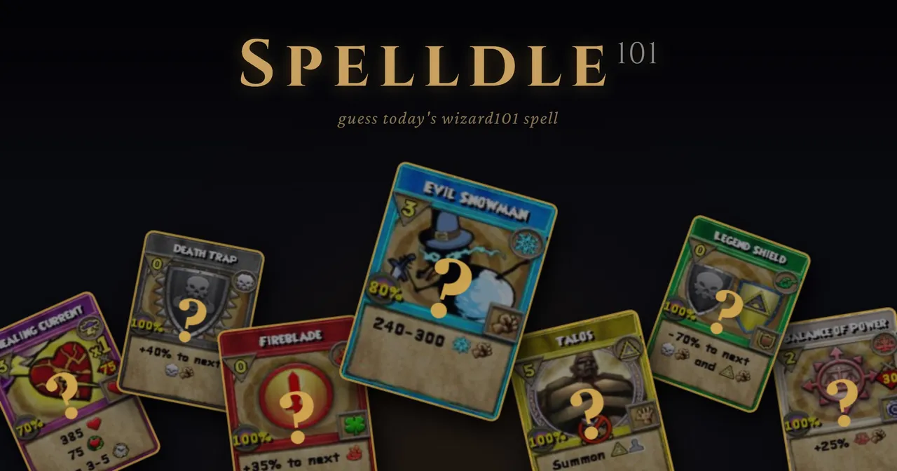 Spelldle 101 share art: Wizard101 spell cards such as Evil Snowman, Fireblade and Death Trap, each marked with a question mark under the Spelldle 101 title