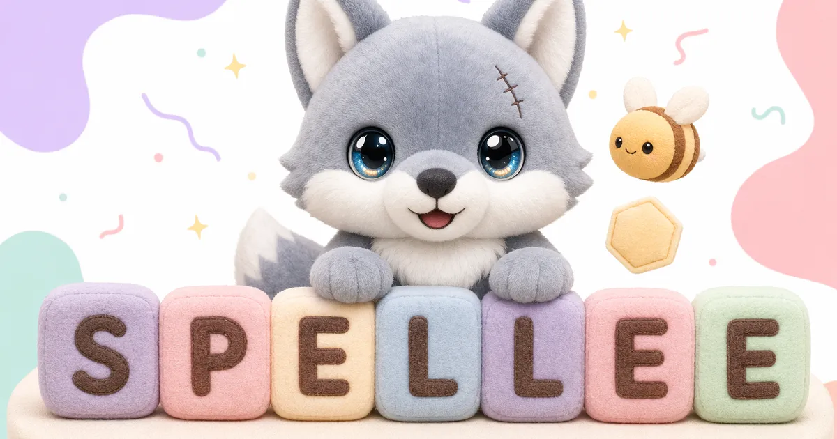 Spellee's share art: a plush wolf mascot behind letter blocks spelling SPELLEE