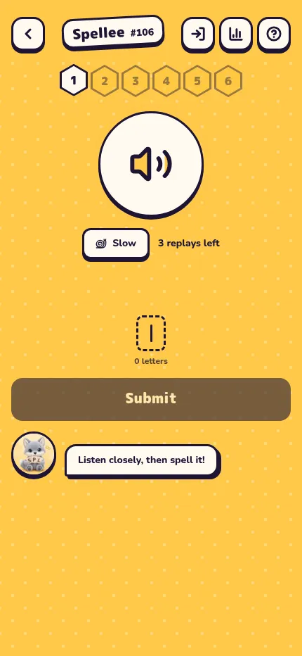 Spellee #106 on a phone: the six word hexagons, the speaker button with Slow and 3 replays left, the spelling box and Submit