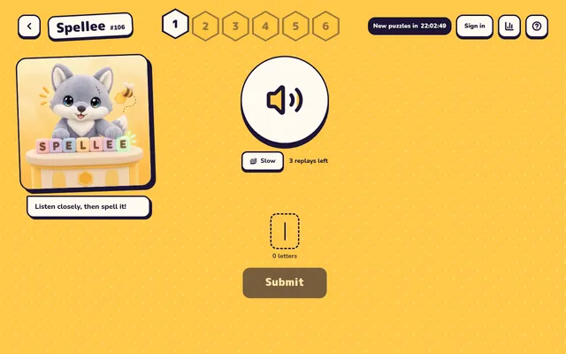 Spellee #106 on a desktop: six numbered hexagons for the day's words, the speaker button with Slow and 3 replays left, the empty spelling box, Submit and the countdown to new puzzles