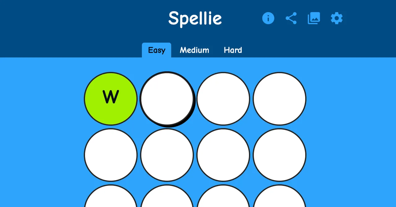 Spellie game board with the Easy tab open and the first letter W shown in a green circle